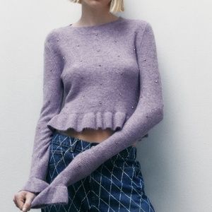 Zara lavender knit sweater with rhinestones and a touch of wool NWT